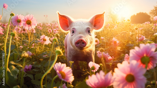 Cute, beautiful pig in a field with flowers in nature, in sunny pink rays. photo