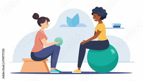 A the and client sit on a large balance ball using it to practice balance and stability while also providing sensory input.. Vector illustration