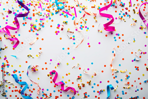 Celebration,party backgrounds concepts ideas with colorful confetti,streamers on white.Flat lay design 