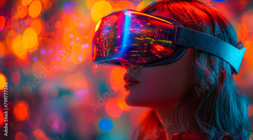 Double exposure of woman wearing VR headset with ai data analyst. Virtual entertainment