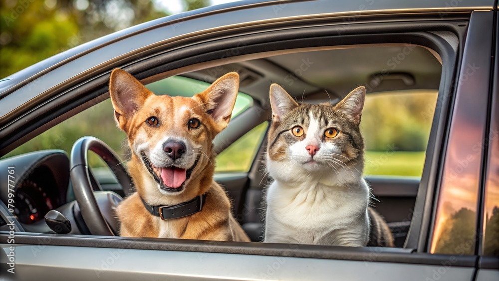 cat and dog in car