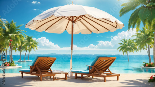 beach with umbrella and chairs