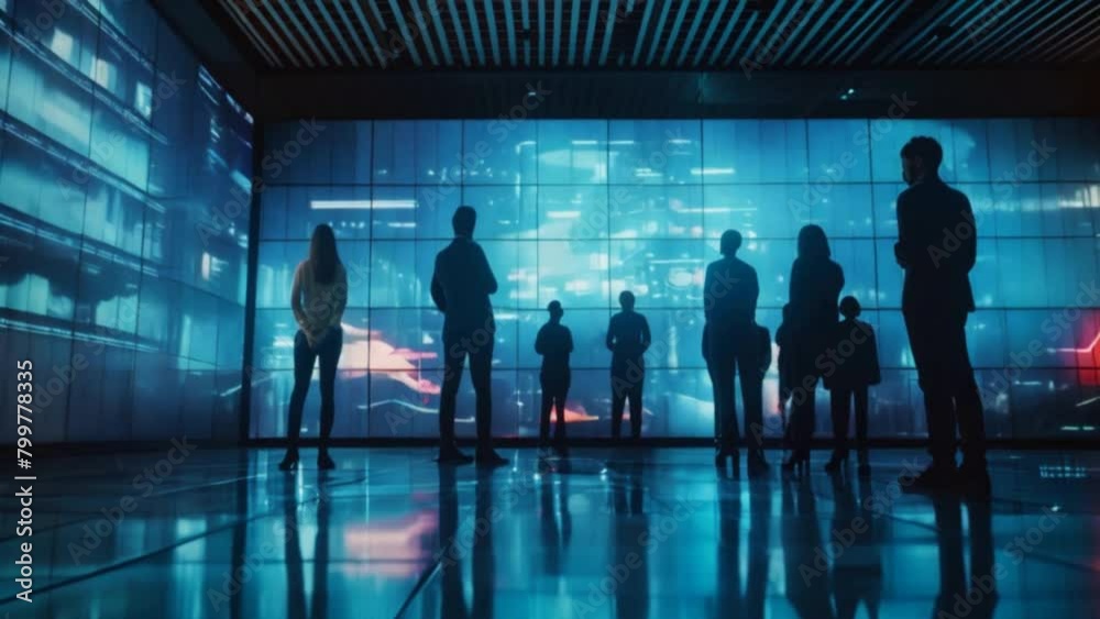 Group of business professionals in a dark room standing in front of a large display screen with information Group of business professionals in a dark room standing in front of a large display screen with information