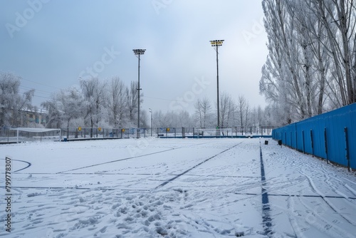 Picture an empty training ground in winter, blanketed in snow, the silence broken only by the soft crunch, Generative AI