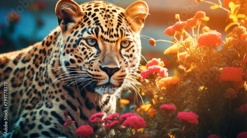 Cute, beautiful leopard in a field with flowers in nature, in sunny pink rays. photo