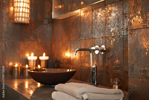 Modern bathroom with rusty tiles, stylish lighting and elegant decorations
 photo