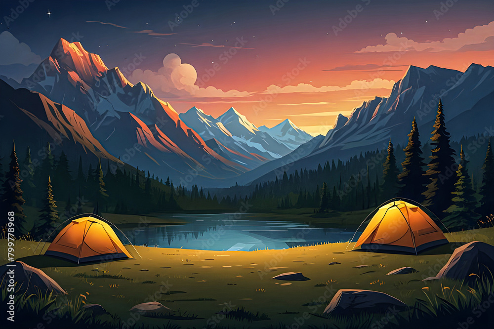 Illustrate a serene campsite nestled among towering mountains as the evening sky transitions from day to night vector art illustration.
