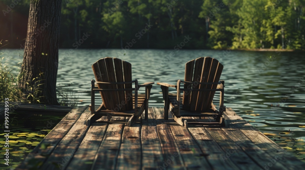 Two wooden chairs facing a serene lake on a rustic dock, surrounded by trees, in the soft light of dusk