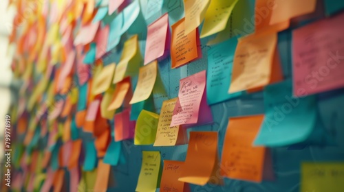 wall covered in colorful sticky notes, each with handwritten messages, creating a vibrant mosaic of communication photo