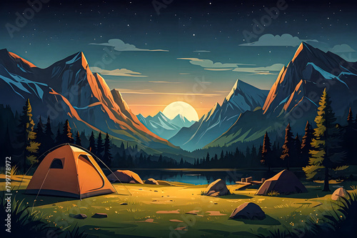 Illustrate a serene campsite nestled among towering mountains as the evening sky transitions from day to night vector art illustration. 