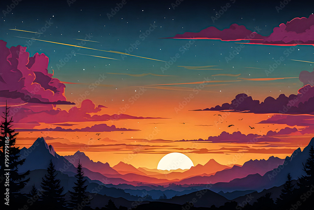 Mountain range silhouetted against a colorful sunset vector art illustration.
