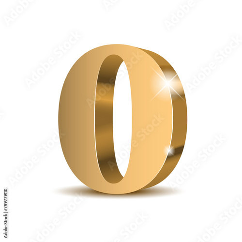 Gold 3d number 0 with a shadow on a white background. Digit zero High quality Vector illustration