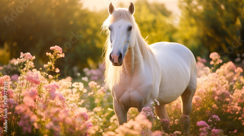 Cute, beautiful white horse in a field with flowers in nature, in sunny pink rays. photo