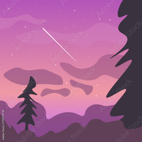 Fairy Landscape Wood Mountains Sky With A Lot Of Stars And One Star Falling Vector Design (ID: 799779749)