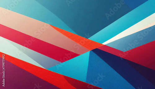 Abstract vibrant colorful blue, red and orange broken geometric polygons, intersecting lines, shapes, cuts, and textures background. Multicolor rainbow vivid criss cross doodles wallpaper. photo