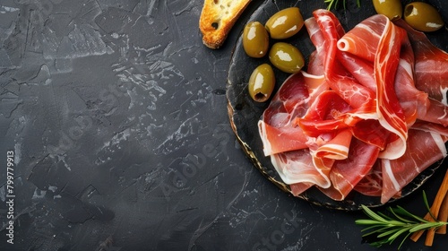 close up Serrano ham with olives and bread on black background. AI generated