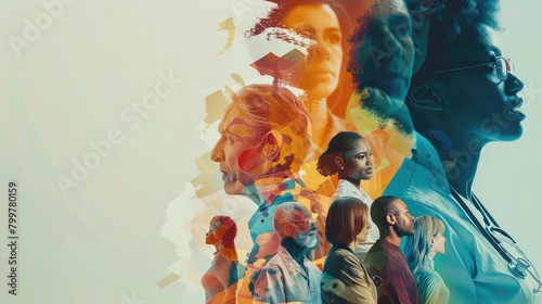 An artistic composition of healthcare concepts like healing and hope merged with images of diverse patients and caregivers, emphasizing inclusivity in healthcare.