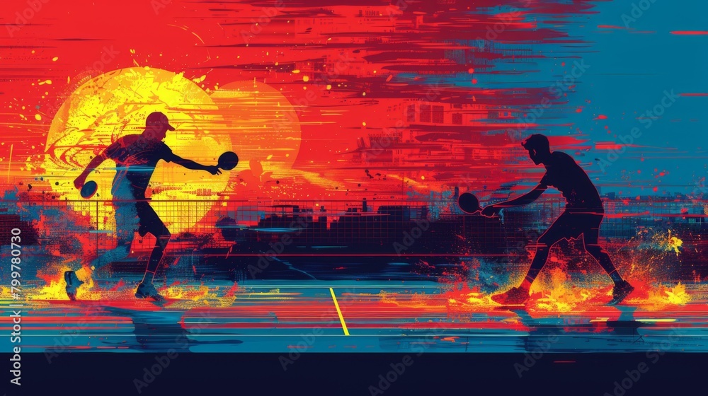 Modern vector illustration of a dynamic ping-pong match, with players engaged in intense gameplay. Clean lines and bold colors convey the excitement of the sport