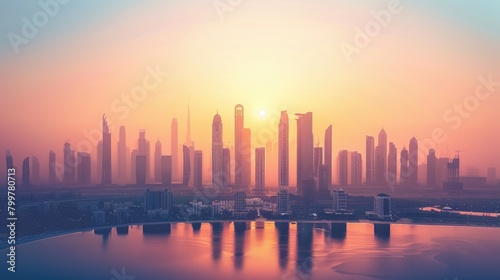 Sunrise and a new day over the city. Skyscraper silhouettes. © Дмитрий Баронин