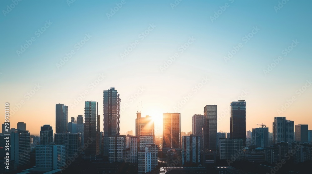 Fototapeta premium Sunrise and a new day over the city. Skyscraper silhouettes.