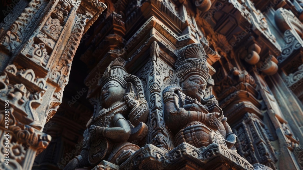 A detailed view of a statue intricately crafted and mounted on the side of a building, showcasing its ornate features and historical significance.