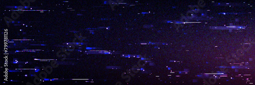 Glitch pixel background. Vector realistic illustration of black screen with data noise effect, blue and purple distortion lines on black, retro vhs, tape rewind, no signal TV screen, breakdown banner