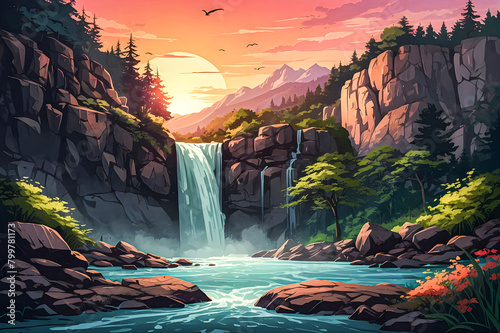 Waterfall cascading down a rocky cliff under a colorful sunset vector art illustration image.
 photo