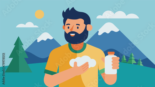 A ruggedlooking man washing his face with a biodegradable facial cleanser as he prepares for a day of hiking and camping in the mountains..