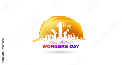 1st May, International Labor Day, Workers, Labour with safety helmet vector illustration. Building construction skyline city