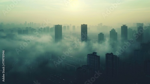 Silhouettes of skyscrapers on a foggy morning