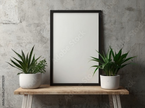 wood frame poster mockup with plant concrete wall background © boler