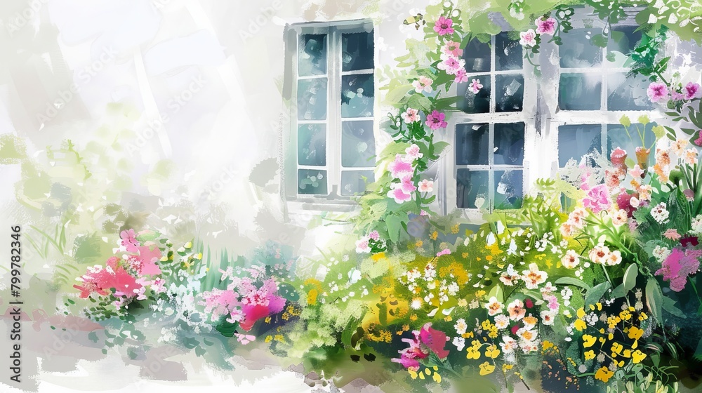White walls. Big windows. Flowers full of flowers by the window. A view of the house from outside the house. watercolor style
