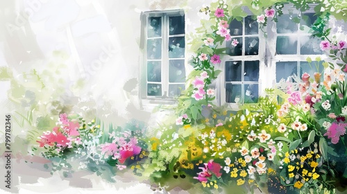 White walls. Big windows. Flowers full of flowers by the window. A view of the house from outside the house. watercolor style