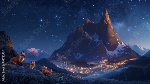 A winding mountain road disappearing into the distance, framed by towering peaks and a sky filled with stars, with soft blue lights lining the pathway. 