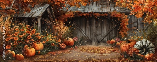 Thanksgiving celebrates a bountiful harvest with autumnal crops, festive elements, and a rural barn backdrop. photo