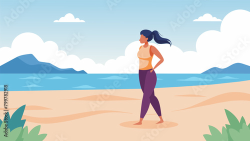 A woman stands foot on a sandy beach breathing deeply and practicing mindfulness exercises as she engages in outdoor therapy.. Vector illustration