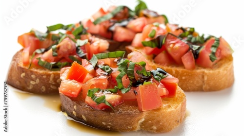 Vibrant close-up of bruschetta featuring diced tomatoes and basil, golden olive oil, and glossy balsamic, on a stark, isolated background