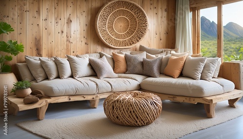 Modern futuristic interiors design on living room with sofa and many pillows in wooden background. 