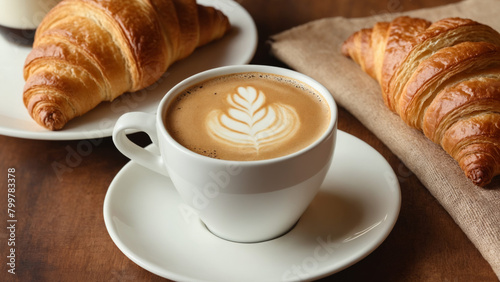 Morning breakfast with fresh aromatic coffee and croissant. Wooden table with white linen cloth in the background for banner poster or presentation.