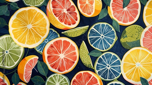 various sliced grapefruits and limes and lemons illustration poster background photo
