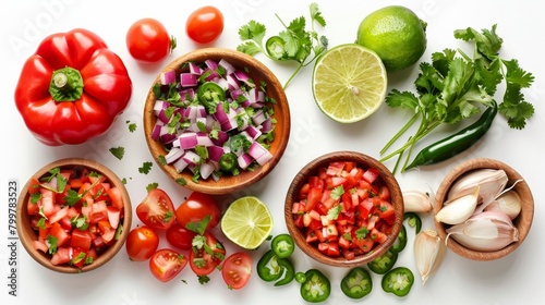 Studio lit, top view of fresh ingredients for Pico de Gallo, showcasing vibrant textures and colors on an isolated background, emphasizing clarity and freshness
