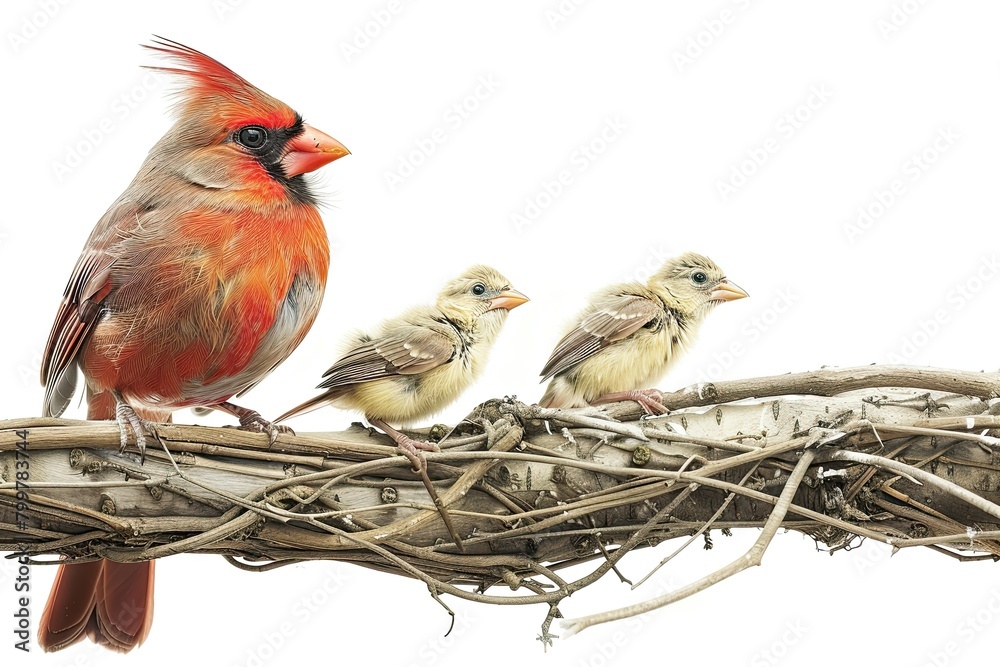 beautiful northern cardinal bird and baby birds standing in a branch of tree isolated on white 