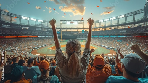 The audience getting excited with their hands in the air at the baseball stadium. victory pose. Generative AI. photo