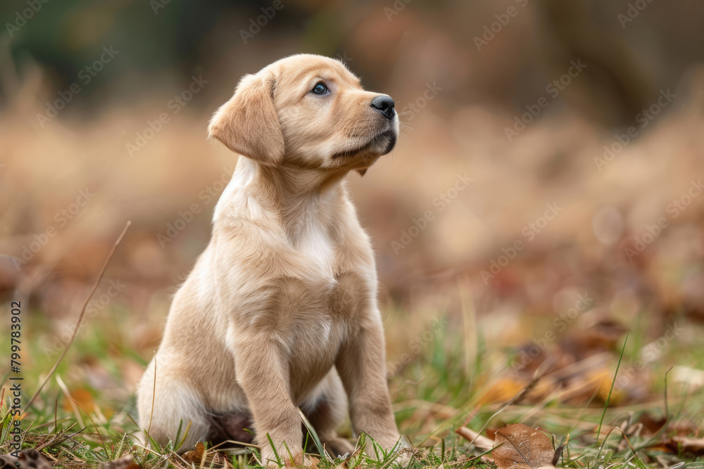 training of a golden retriever puppy on the street in the park, a portrait of a pet with a place for text, the dog obediently sits and looks up to the side