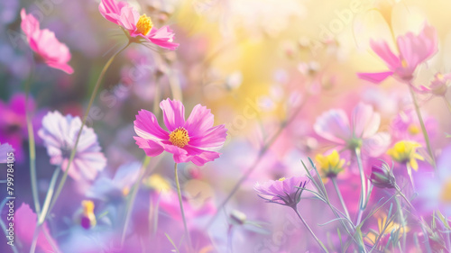 Vibrant Pastel Flower Meadow, Spring Landscape