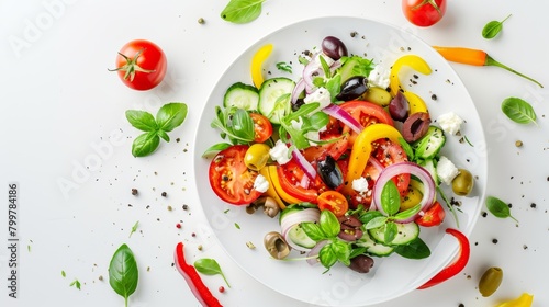 Pristine top view of a traditional Greek Salad, arranged with tomatoes, cucumbers, bell peppers, red onions, olives, and feta, on a minimalist white background with studio lighting