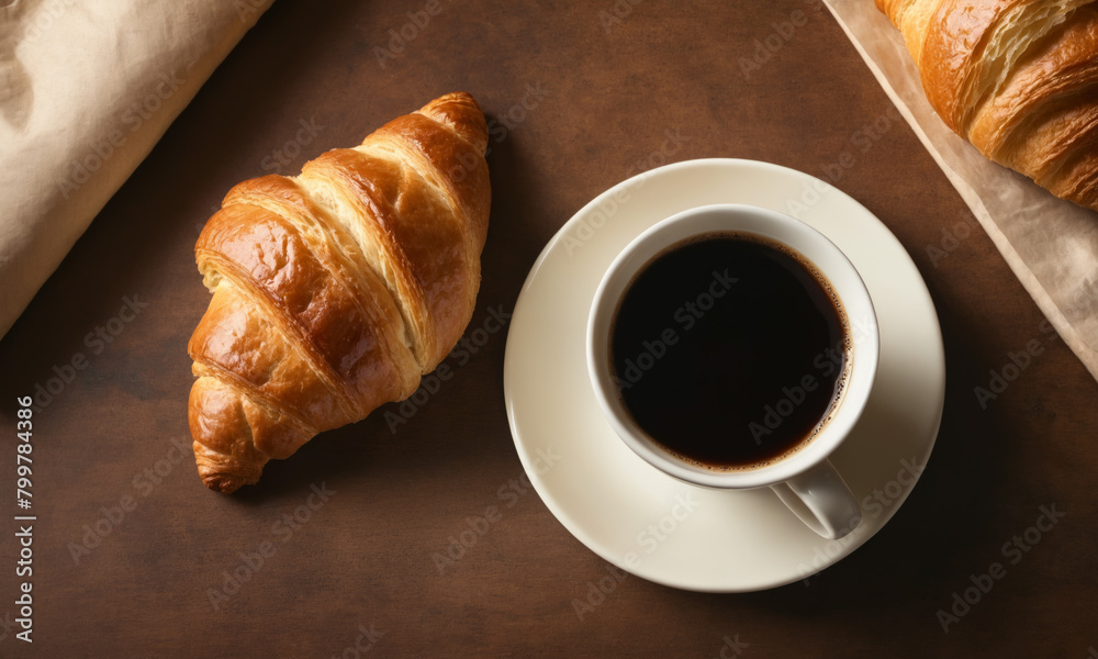 Close-up of a cup of fresh coffee and a croissant. Rustic wooden table in the background. Traditional French morning breakfast for banner poster or presentation.
Close-up of a cup of fresh coffee and a croissant. Rustic wooden table in the background. Traditional French morning breakfast for banner poster or presentation.