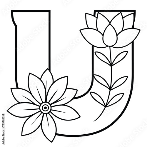Alphabet J coloring page with the flower, J letter digital outline floral coloring page, ABC coloring page