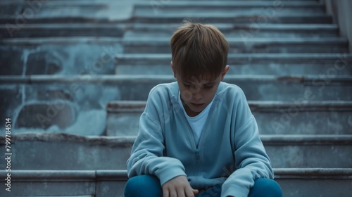 Bullying concept, A depressed boy sitting alone on stairs, a victim of school bullying, facing stress and mental health problems in childhood.