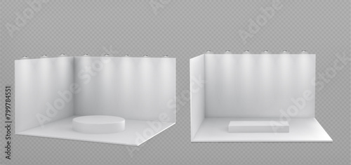 White 3d stand booth wall for trade display design. Exhibition event to show presentation on podium in corner blank mock up template. Isolated showroom interior or store box space for advertising set